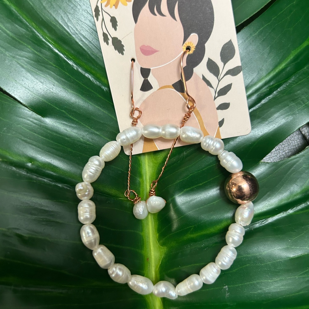 rose gold hematite freshwater pearl bracelet & earring gift set artisan made
